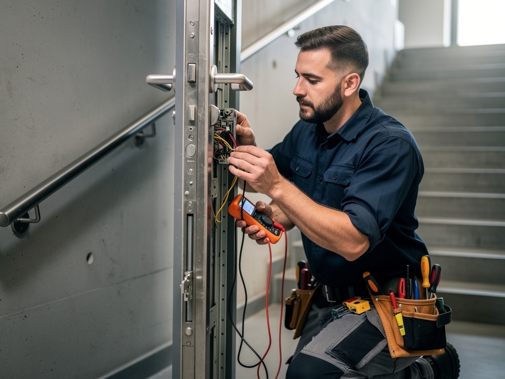 Technik podczas naprawy zamka elektromagnetycznego w drzwiach klatki schodowej